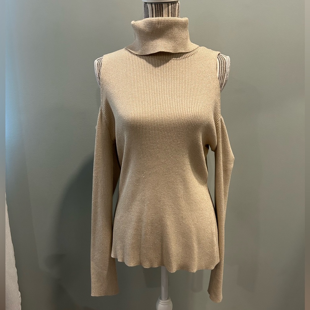 Women’s Beige/Gold Cold Shoulder Turtleneck Sweater NWT
